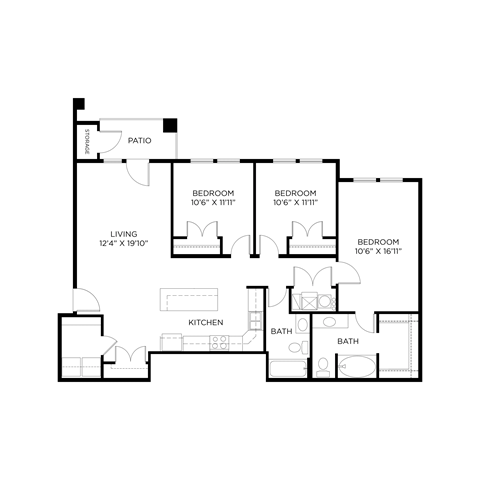 Floor plan for 3 beds, 2 baths, 1270 sqft